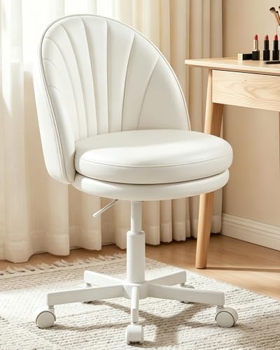 GTPOFFICE Vanity Chair with Back, Adjustable Tall Office Chair High Swivel Bar Stools Fluffy Cute Desk Chair Comfy with Wheels Armlees Counter Height for Adults Standing Desk Bar, Smooth Pu, White - color: Pu-white