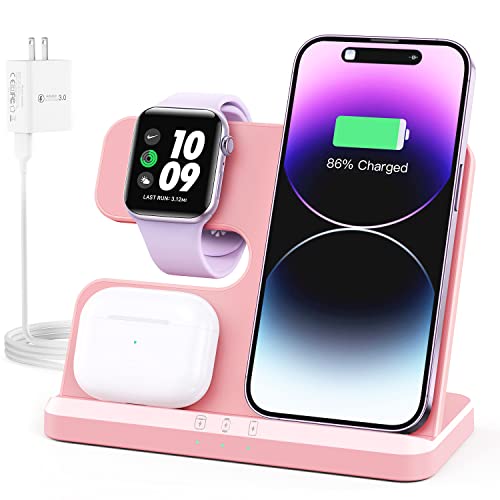 JARGOU 3 in 1 Charging Station for Apple Wireless Charger for iPhone 16 15 14 13 12 11 X 8 & for Apple Watch Charger Wireless Charging Station for Multiple Devices for AirPods 4 3 Pro - color: C-Pink