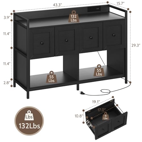 Filing Cabinet for Home Office, 43" Wood File Cabinet with Power Outlet, 2 Drawers, 2 Open Storage Shelves, Black Lateral File Storage Fits Legal/Letter/A4 Size, Printer Stand with Bookshelf Organizer
