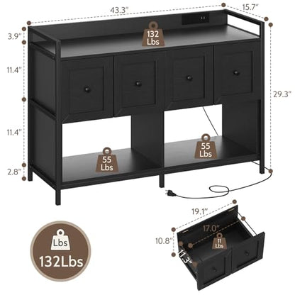 Filing Cabinet for Home Office, 43" Wood File Cabinet with Power Outlet, 2 Drawers, 2 Open Storage Shelves, Black Lateral File Storage Fits Legal/Letter/A4 Size, Printer Stand with Bookshelf Organizer