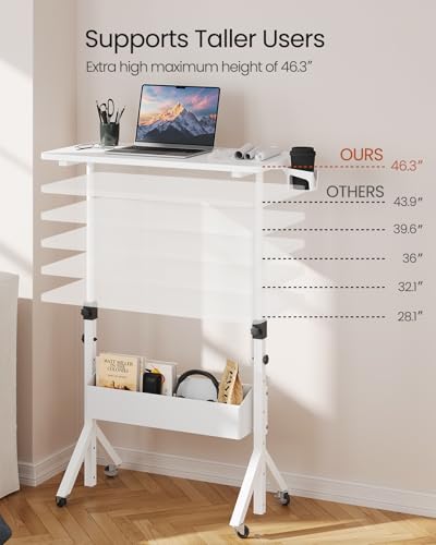 ErGear Mobile Standing Desk with Wheels, Adjustable Height 28.3″ to 46.1″, Rolling Laptop Cart with Cup Holder, Storage Basket, Computer & Pen Slot, Home Office Stand Up Desk, White (31.5″ x 15.75″) - color: White