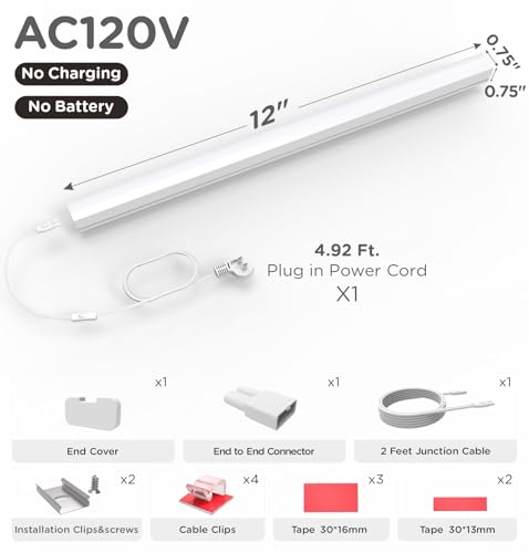 Under Cabinet Lighting Plug in, Dimmable 3CCT 3000/4000/5000K AC120V Super Bright Ultra Slim Linkable LED Counter Lights for Kitchen, Shelf, Closet, Cupboard, White 12 inch 1Pack - size: 12 Inch
