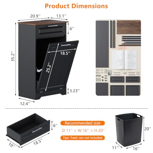 Single 10 Gallon Tilt Out Trash Can Cabinet with Deodorizing Function, Wooden Hidden Garbage Can Holder with Storage Drawers for Kitchen and Dining Room, Laundry Hamper Cabinet for Bathroom, Black - color: Black, size: 13.11"D x 20.91"W x 35.2"H(Single)