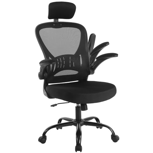 Youhauchair Adjustable Mesh Ergonomic Office Chair with Wheels, Black | Flip-up Arm, Lumbar Support, Height Adjustable, Breathable, Rocking, Mid Back Swivel Compurter Chair with Headrest, Set of 1 - color: Black, style: With Headrest