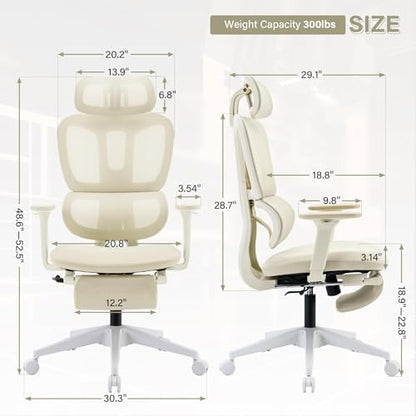 Ergonomic Office Chair with Retractable Footrest, Cream | High Back Design, Dynamic Lumbar Support, 2D Headrest & 2D Armrests, Breathable Mesh Back for Home Office - color: Cream