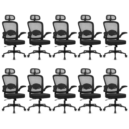 KLASIKA Desk Chairs with Wheels, Ergonomic Mesh Back Home Office Chair with Headrest, Adjustable Lumbar Support Swivel Rolling Computer Chairs Flip Up Arms for Conference Meeting Room, Black, 10PK - color: Black_villy_headrest, size: 10PK