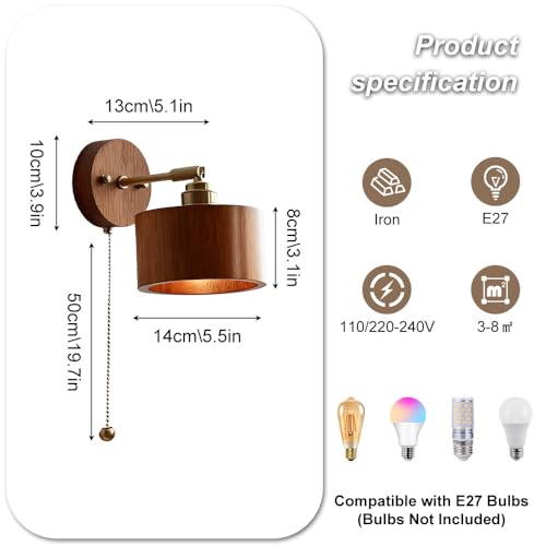 Wood Wall Sconce with Pull Chain Adjustable Swing Arm Natural Or Walnut Wood Cylinder Shade Brass Accent Wall Lamp for Bedroom Living Room Hallway Reading Nook(Wood) - color: Wood