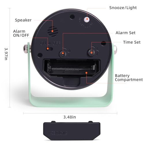 TIMESS Analog Alarm Clock with Snooze & Light, Silent Non-Ticking, Green | On-demand light, quartz movement, battery operated, easy to set, gentle wake alarm, bedside clock for home, travel, or office - color: Green