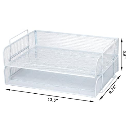 2 Pack Stackable Desk Paper Tray, Metal Mesh Desktop Document Letter File Organizer for Office Home School, 13.5'' L x 9.75'' W x 5.5'' H, White - color: 2 Pack White