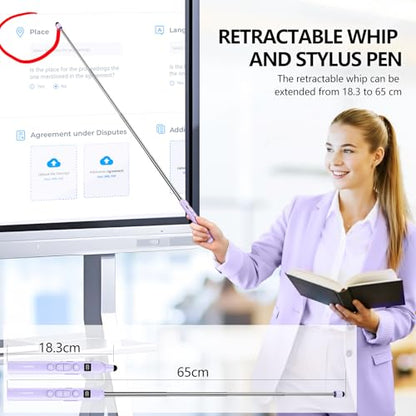 N21 Bluetooth Presentation Clicker for PowerPoint with Retractable Pointer | ①Laser Pointer②Telescopic touch pen③Countdown timer, vibration alert ④Customizable Button ⑤Rechargeable;battery level display - color: Purple - Green Pointer