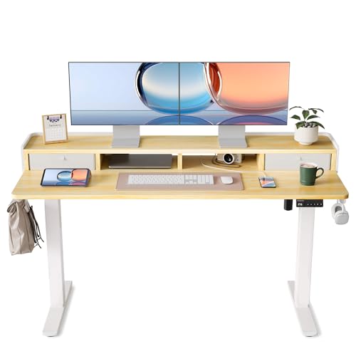 YIHAYO Electric Standing Desk with Drawers, 60 x 24 Inches Adjustable Desk with Storage Shelf, Computer Table with Splice Board for Home Office, White Frame/Natural Top - color: White Frame/Natural Top, size: 60*24 Inch