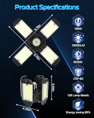 Garage Light - 8PACK 130W 13000LM Deformable 4+1 Panel LED Garage Ceiling Lights with LED Transformer, E26/27 Base, 6500K Daylight White Shop Light for Factory, Storage Room, Warehouse