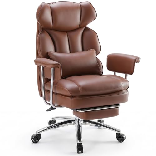 DUMOS Ergonomic Home Office Desk Chair, Executive Chair, PU Leather | Big Tall High Back, Lumbar Support, Reclining Height Adjustable, Computer Gaming, Footrest Swivel Wheels, Brown - color: Brown