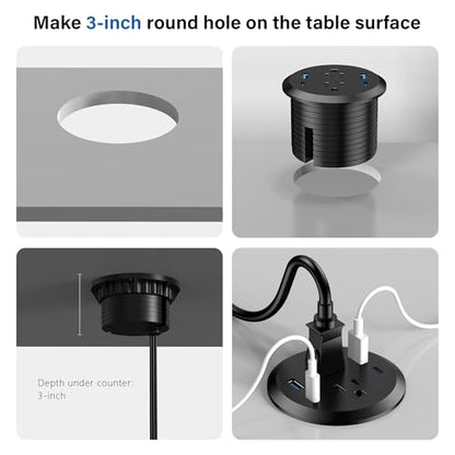 3 inch Desktop Power Grommet with PD 20W USB C,Furniture Recessed Power Strip,2 Outlets,4 USB Ports,40W Total,Flush-Mount for Desktop, Workspace Essential Desk Outlet (Black, 6 FT Cable) - color: Black