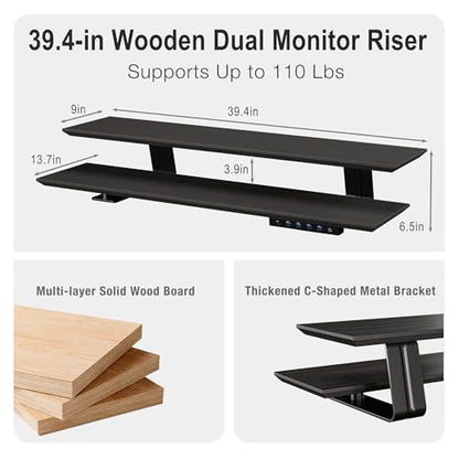 Dual Monitor Stand Riser for Large Office Desk Organization, Black