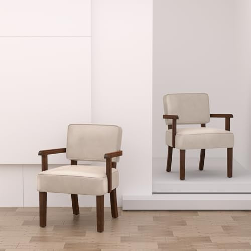 FAGAGA Faux Leather Accent Chair, Mid-Century Armchair with Wood Frame | Upholstered Living Room Chair, Comfy Reading Chair for Bedroom, Waiting Room, Home Office, Easy Assembly, Beige - color: Faux Leather Beige, size: One Chair