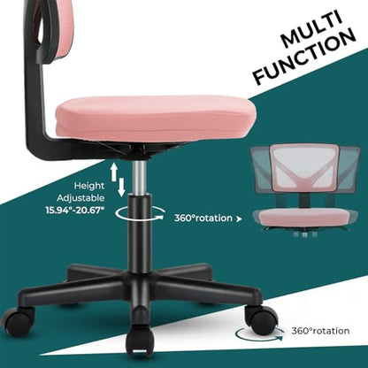 DUMOS Armless Desk Chairs, Small Home Office Mesh Chairs | Ergonomic Adjustable Mid Back, Swivel Rolling Task, Computer Work Vanity Small Spaces, Pink - color: Hot Pink, size: 1pc