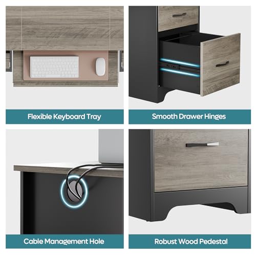 Bestier 59 Inch Office Desk with 4 Drawers, Computer Desk with Storage, Executive Desk with File Drawer, Keyboard Tray & 2 Pedestals on Both Sides for Home Office, Studio, Grey&Black - color: Grey&black