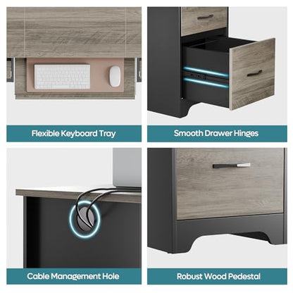 Bestier 59 Inch Office Desk with 4 Drawers, Computer Desk with Storage, Executive Desk with File Drawer, Keyboard Tray & 2 Pedestals on Both Sides for Home Office, Studio, Grey&Black - color: Grey&black