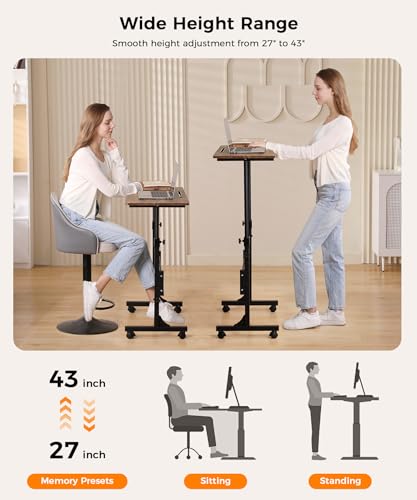 KLSMYHOKI Standing Desk Adjustable Height, Mobile Stand Up Desk with Wheels | Small Computer Desks Rolling Desk, Portable Laptop Desks Rustic Standing Table Home Office Desks 16"x31.5" Height 27"-43.5" - color: Rustic