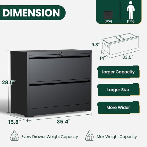 2 Drawer Lateral File Cabinet, Metal Filing Cabinet for Home Office, Black | Heavy-Duty Steel Locking File Cabinet, Hanging Letter/Legal/A4 Size, Full-Extension Drawer, Assembly Required - color: Black, size: 2 Drawers (35.43 in Width)