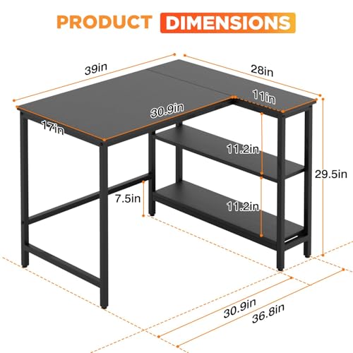 L Shaped Computer Desk, 39 Inch Corner Desk with Reversible Storage Shelves, Home Office Desk with Metal Frame, Modern Simple Style for Home Office, Living Room, Bedroom, Black - size: 39 inch