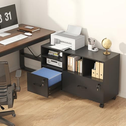 2 Drawer Wood Lateral File Cabinet with Lock, Lockable Rolling Filing Cabinet with Adjustable Storage Shelves, Printer Stand Office Storage Cabinet for Home Office Fits Files Legal/A4, Black - color: Black-2 Drawers