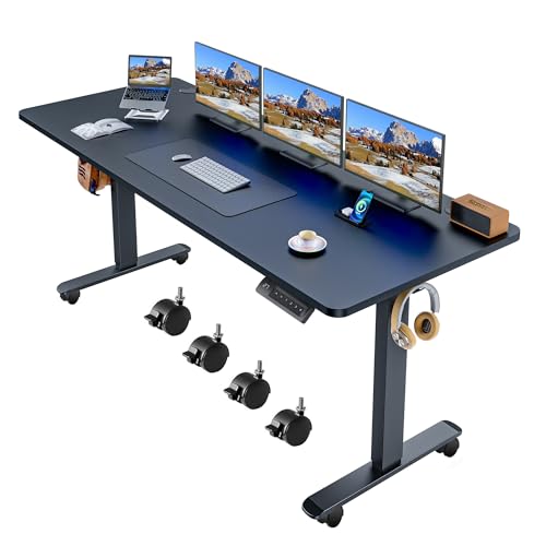 Electric Adjustable Standing Desk with Wheels, 63'' x 24'' Sit Stand with Dual Crossbeam Structure and Mouse Pad, 27''-46'' Lifting Range (Black) - color: Black, size: 63 x 24''