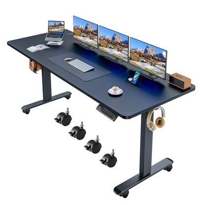 Electric Adjustable Standing Desk with Wheels, 63'' x 24'' Sit Stand with Dual Crossbeam Structure and Mouse Pad, 27''-46'' Lifting Range (Black) - color: Black, size: 63 x 24''
