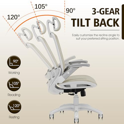 GABRYLLY Ergonomic Office Chair, High Back Home Desk Chair with Headrest, Flip-Up Arms, 90-120° Tilt Lock and Wide Cushion, 300LBS Mesh Chairs for Man Woman, White Task Chair(Beige,GY01WBG) - color: White Frame Beige Mesh