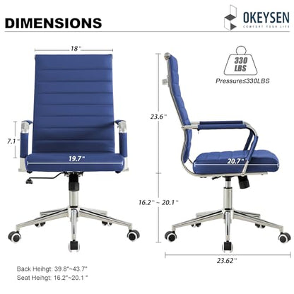 Okeysen Navy Blue Office Desk Chair, Ergonomic Leather Modern Conference Room Chairs, Executive Ribbed Height Adjustable Swivel Rolling Chair for Home Office. - color: Blue