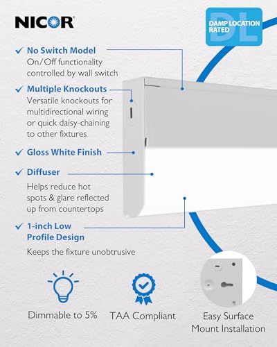 24” LED Direct Wire Under Cabinet Light - Dimmable Undercounter LED Lights for Kitchen - Selectable CCT 2700K-5000K, 612-648 Lumens, 9W - UCB Series Hardwired Under Cabinet Lighting by NICOR Lighting - size: 24, style: No Switch