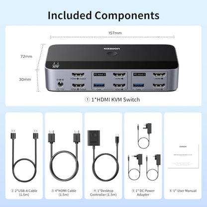 UGREEN HDMI KVM Switch 2 Monitors 2 Computers 4K@60Hz, with 4 USB 3.0 Ports | for 2 Computers Sharing 2 Monitors Keyboard Mouse Printer Webcam, with 4 HDMI + 2 USB Cables, Power Adapter and Controller