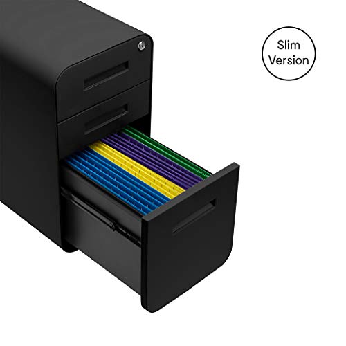 Laura Davidson Furniture Stockpile Slim 3-Drawer Mobile File Cabinet with Lock - Under Desk Metal Filing Cabinet, Legal/Letter File Folders, Wheels and Stationary Feet, Pre-Assembled, All Black - color: All Black