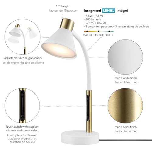 Globe Electric 15" LED Integrated Matte White Desk Lamp with Matte Brass Accent and Adjustable Silicone Gooseneck - color: Matte White, Albert