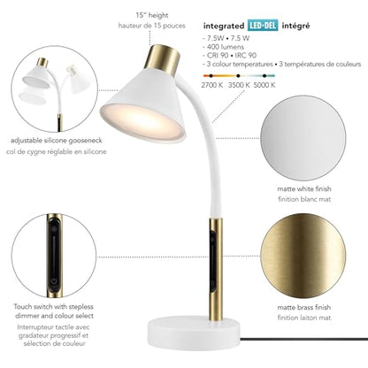 Globe Electric 15" LED Integrated Matte White Desk Lamp with Matte Brass Accent and Adjustable Silicone Gooseneck - color: Matte White, Albert