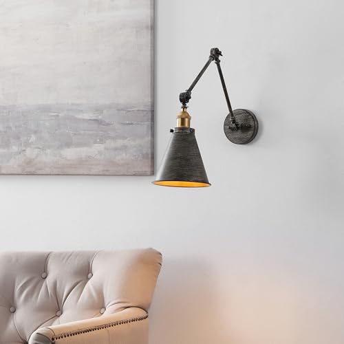 JONATHAN Y Rover 1-Light Wall Sconce 7", Rustic Dark Gray | Adjustable Arm, Hardwired Bedside Reading Swing Arm, Farmhouse Cone Shade, Metal Hardwired Indoor Fixture, LED Bulbs Included - color: Rustic Dark Gray/Brass Gold, size: Set of 1