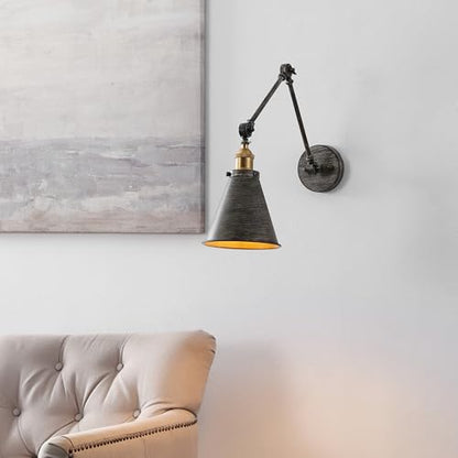 JONATHAN Y Rover 1-Light Wall Sconce 7", Rustic Dark Gray | Adjustable Arm, Hardwired Bedside Reading Swing Arm, Farmhouse Cone Shade, Metal Hardwired Indoor Fixture, LED Bulbs Included - color: Rustic Dark Gray/Brass Gold, size: Set of 1