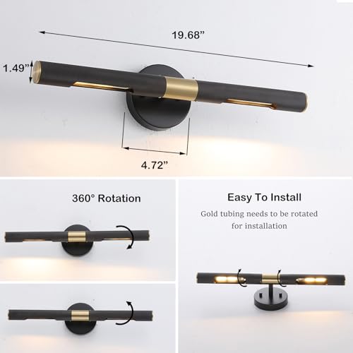 Modern Picture Light 19 inches Brushed Brass Gold Black Wall Sconce with Knurled Texture Cylinder Metal Shades Rotatable 360°Indoor Wall Lighting Fixture for Bathroom Vanity Lights Bedroom - color: 19 inches Gold/Black-Knurled Texture Shades