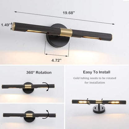 Modern Picture Light 19 inches Brushed Brass Gold Black Wall Sconce with Knurled Texture Cylinder Metal Shades Rotatable 360°Indoor Wall Lighting Fixture for Bathroom Vanity Lights Bedroom - color: 19 inches Gold/Black-Knurled Texture Shades