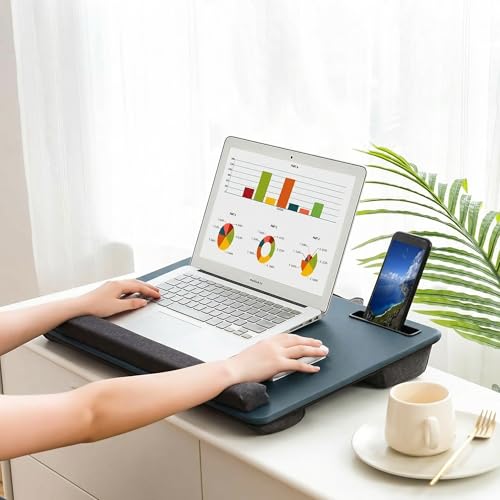 Lap Desk Home Office Lap Desk Portable Laptop Desk for Left Right - Handers with Whole Mouse Pad Wrist Pad Dual Cushion Phone Tablet Slots Fits Up to 17 Inch Laptops - color: Light Blue