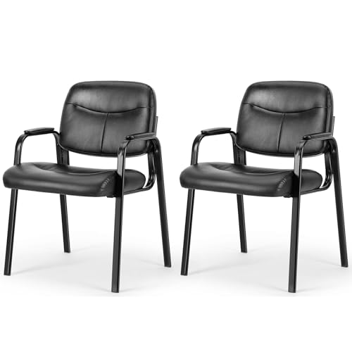HealSmart Office Reception Guest Chair Set of 2 with Leather Padded Arm Rest for Waiting Room, Meeting Conference, Lobby Home Desk Table Side Chairs for Elderly, Seniors, Black - size: Leather Chairs 2 Pack-Inky