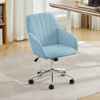YITAI Velvet Office Desk Armchairs with Silver Base and Wheels,Modern Height Adjustable 360 Degree Swivel Upholstered Vanity Chairs for Living/Room Bedroom/Study,Light Blue - color: Silver Blue