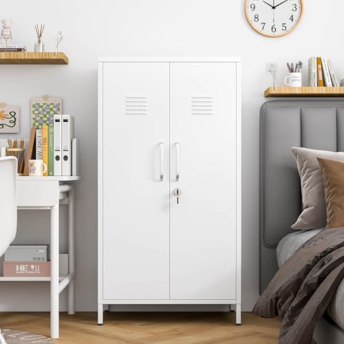 PAOFIN 47" Metal Storage Locker, Lockable Employees Metal Locker with 2 Door and Adjustable Shelves, Steel Locker for Home, School, Office, Gym (White) - color: White, size: 2 door-47"