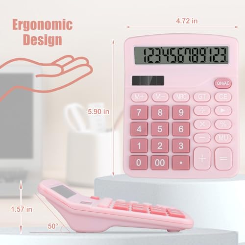 Desktop Calculator, Pink Calculator Big Buttons, 12-Digits Large LCD Display, Solar and AA Battery Dual Power, Desk Calculators for Office Home School Business Class (Pink) | Large LCD Display, Solar and AA Battery Dual Power, Desk Calculators for Office