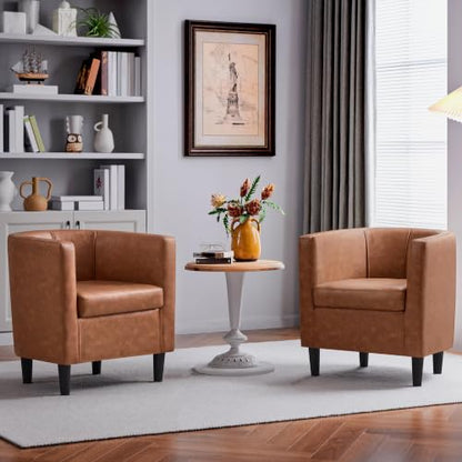 Yaheetech Barrel Accent Chairs Set of 2, Modern Armchairs, Brown | Faux Leather Chair with High-Density Foam Seat, Upholstered Barrel Sofa Chair for Living Room Bedroom Waiting Room - color: Brown, size: Set of 2