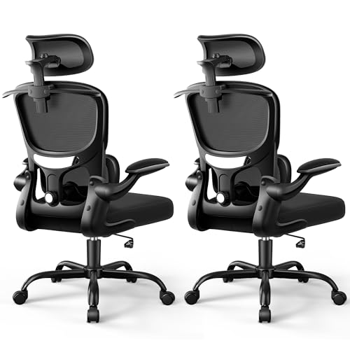 ALLGOD Ergonomic Office Chair, Mesh Home Desk Chair with Lumbar Support | Comfortable Computer Gaming Chair with 90° Flip-Up Armrests, Adjustabel Headrest, 45° Rocking Function, 300 LBS Black-2 Pack - color: Black(hot), size: 2 Pack