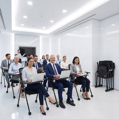 Updated Conference Room Chairs with Tablet Arm, Folding Office Desk Chair with Lumbar Support and Sliding Armrest with Casters, Stackable Office Guest Chairs & Reception Chairs, 20 Pack Black - color: Black With Tablet Arm, size: 20 Pack