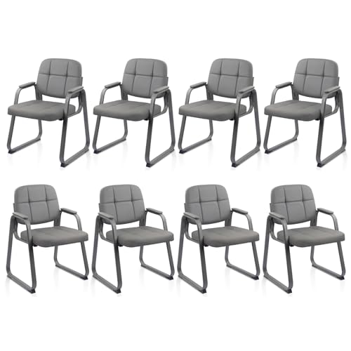 CLATINA Leather Guest Chairs Set of 8, Office Reception with Padded Arms, Desk Chair with Sled Base for Office Conference Waiting Room, Grey - color: Grey-sled Base, size: 8pack