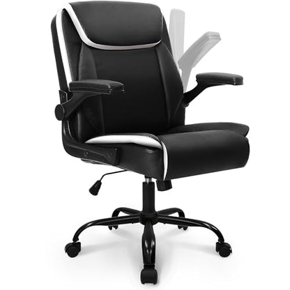NEO CHAIR PU Leather Office Desk Chair with Adjustable Arms, Black White | Ergonomic Mid Back Computer Desk Chair Comfy with Wheels Swivel Rolling for Home Office Gaming Study - color: Black White